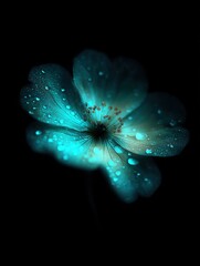 A solitary blue flower blooms against a stark black background, its petals glistening with water droplets