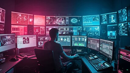 Futuristic Control Room: Tech Expert at Work.