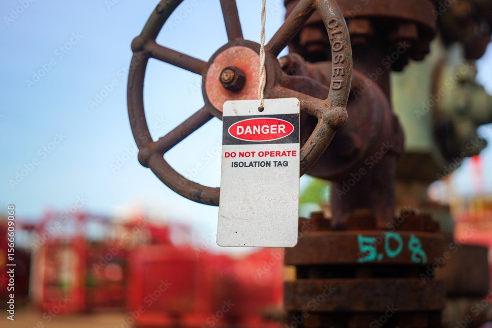 Isolation tag or lockout tagout which is hanged on pipeline valve that ...