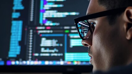 generative 4k video. male software developer is focused on coding at computer screen, with colorful 