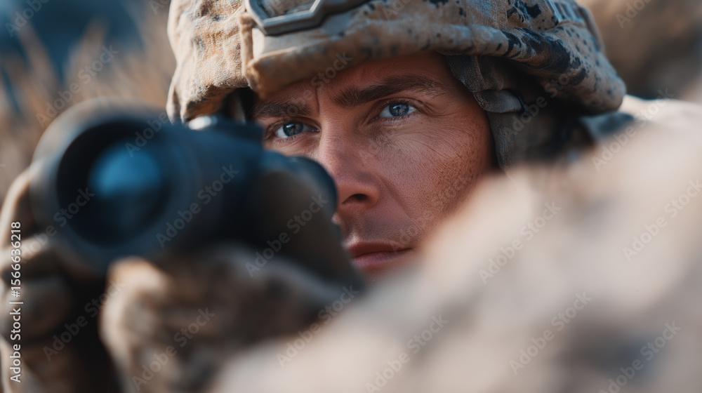 soldier using a goerz rangefinder, a device used to... Soldier using laser rangefinder near concrete fortifications Stock ...
