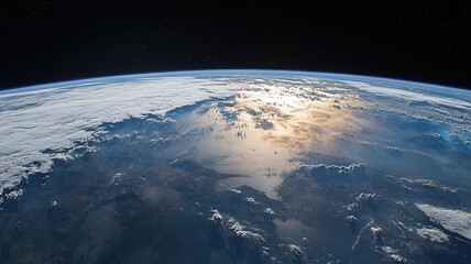 Wall Mural - sunrise glowing over curved earth, reflecting on ocean surface with space darkness surrounding plane