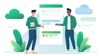 Two men in green discussing digital content