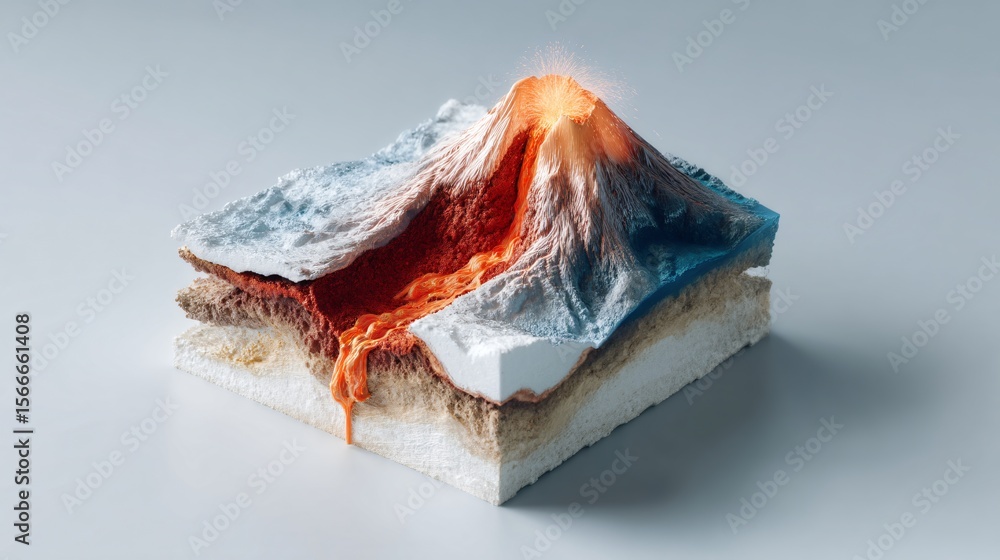 3D scientific model of volcano eruption phases, labeled diagram with ...