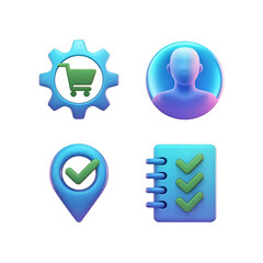 Vibrant set of icons representing online shopping, profile, location, and tasks completed for web development
