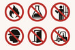 © VectorGomes - 6 industrial safety prohibition signs. Classic red circle with black pictograms.