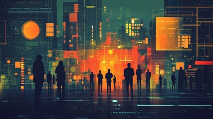 Silhouetted figures stand before a vibrant, futuristic cityscape with digital overlays.