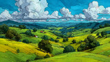 Vibrant watercolor landscape with rolling green hills and trees