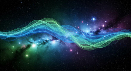 Abstract cosmic nebula background ethereal glowing blue green energy wave flowing through starry night sky galaxy digital art vibrant fantasy illustration