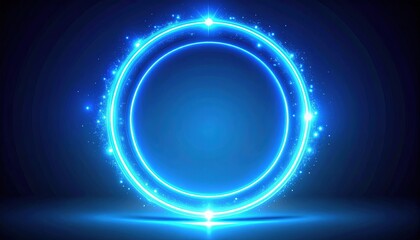 Wall Mural - Abstract blue background with glowing circles depicting a cosmic dance of planets, light, and stars in the vast universe