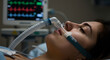 © Bluum - Woman patient with CPAP mask connected to a non-invasive ventilator in hospital bed. Medical device for sleep apnea treatment and respiratory support.