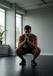 © 9BEi - Focused Athlete in a Squat Position, Ready for Fitness