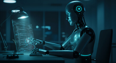 Wall Mural - robot working with virtual computer screen. android programming code on futuristic display. artifici