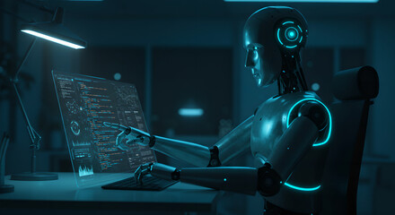 Wall Mural - an advanced ai robot works on a computer with a transparent screen, displaying code and data for fut