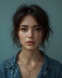 © Nazzooo - Close-up portrait of a young woman with soft makeup, tousled hair, and a calm expression, wearing a denim shirt and a gold necklace, against a muted blue background.