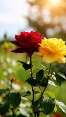Wall Mural - Close-up of vibrant yellow and red roses blooming in the garden on a sunny day, with lush green foliage and soft bokeh