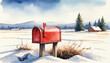 © Nata - Bright red mailbox standing alone in a snowy rural landscape with distant cabin
