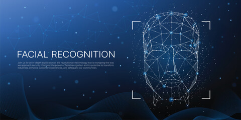 Digital facial recognition neon face grid dark blue background with geometric patterns