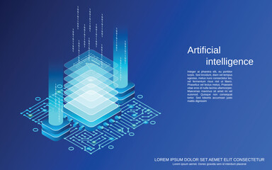 isometric tech graphic circuit board base with stacked squares data columns text