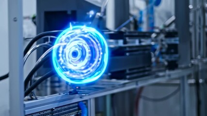 Futuristic Technology: Glowing Blue Hologram Interface Over Advanced Machinery