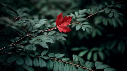 Wall Mural - crimson maple leaf illuminating dense forest backdrop, highlighting autumn's rich palette with verda