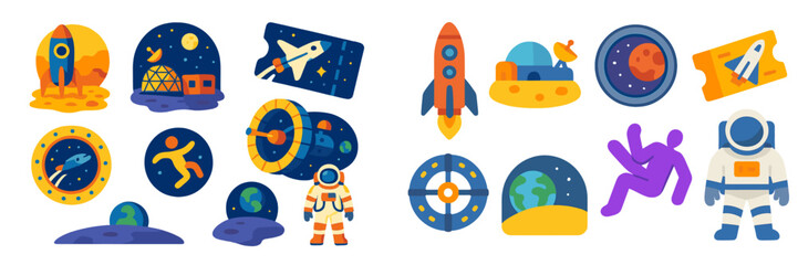 Wall Mural - colorful illustrations of outer space exploration featuring rockets, astronauts, and planets in vari