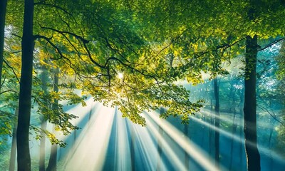 Wall Mural - Sunlight Streaming Through Lush Green Leaves in a Serene Forest Setting with Soft Sunrays Illuminating the Tranquil Scene