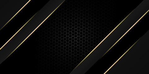 Wall Mural - abstract dark grey metallic overlap golden line light polygon mesh design. black overlap layers. tex