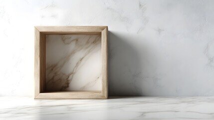 Wall Mural - minimalist wooden frame on marble surface in clean studio setting