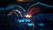 © Ta stodio - A human hand and a robotic hand collaboratively complete a glowing puzzle piece, symbolizing human-AI partnership.