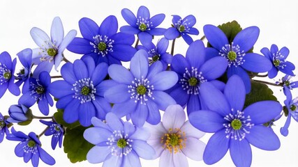 Wall Mural - Artistic arrangement of vibrant blue and light purple Hepatica flowers with fresh green leaves on a pure white background