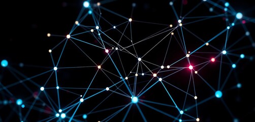 abstract network nodes and lines forming complex patterns on dark background, digital, ai