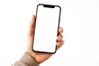 © Rafal Rutkowski - Hand holding a smartphone with blank screen, isolated on white background in a studio setting.