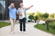 © New Africa - Lovely senior couple walking together in park, space for text