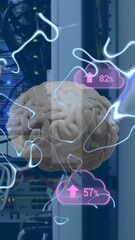 Wall Mural - animation of clouds with percent, human brain and data processing over computer servers