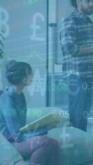 Wall Mural - animation of data processing and currency signs over diverse businesspeople in office