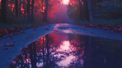 Wall Mural - a tranquil road stretches through a vivid forest at dusk. the colorful sky reflects in a puddle on t