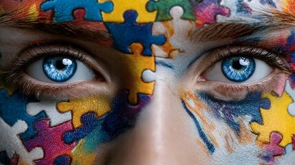 Wall Mural - woman's face is covered in colorful puzzle pieces, creating a unique and artistic look. the blue eye