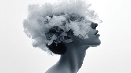 Wall Mural - woman with a cloud of smoke on her head. the smoke is coming from a cigarette. the woman is looking 
