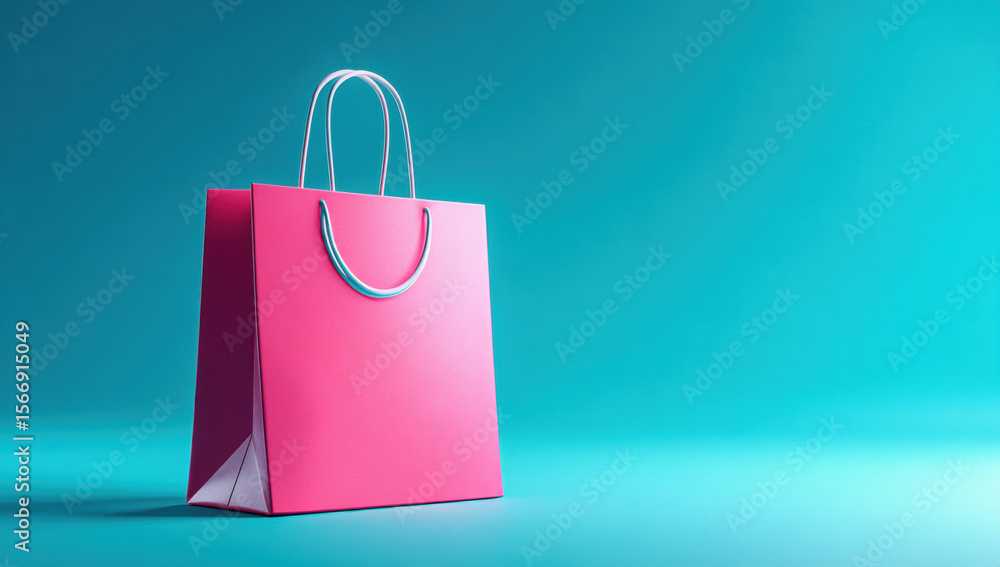 Rosa Einkaufstasche mit Griffen auf türkisfarbenem Hintergrund im minimalistischen Stil

