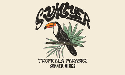 Wall Mural - Tropical paradise artwork. Tropical bird with palm tree graphic print design. Enjoy beach life. Summer vibes artwork. Enjoy summer day. Toucan paradise artwork.