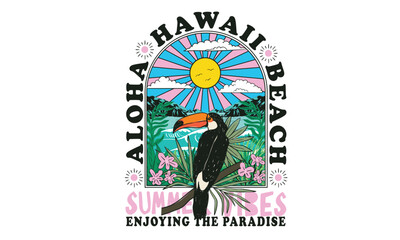 Wall Mural - Enjoy summer day. Toucan paradise artwork. Summer vibes artwork. Surf club design. Tropical bird with palm tree graphic print design. Enjoy beach life. Summer vibes artwork.