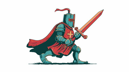 Wall Mural - fractured iconography. | sharp edge masking | mid-century advertising | brutalist graphics | Medieval knight with sword isolated on white background. retro cartoon illustration. groovy style, retro