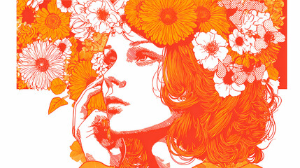 Wall Mural - fractured iconography. | sharp edge masking | mid-century advertising | brutalist graphics | Woman with flower crown isolated on white background. retro cartoon illustration. groovy style, retro
