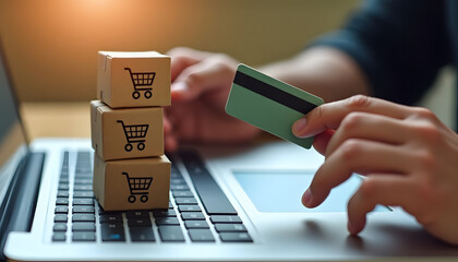 online shopping and payment with a credit card on a laptop computer.