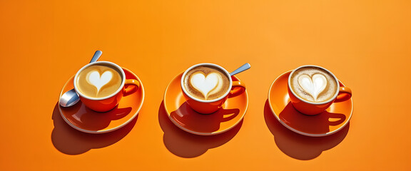 Wall Mural - Three cups of coffee with heart latte art on an orange background.