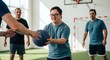 © NN AI - Young man down syndrome playing basketball gym with teammates inclusive sports program. Special needs athlete participating team activities fitness training. Disability inclusion concept banner
