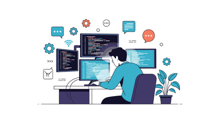 Software development and coding with multiple monitors and digital tools illustrating a focused programmer at work