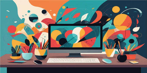 Colorful cartoon vector art of funny graffiti on a brick wall with a tech concept