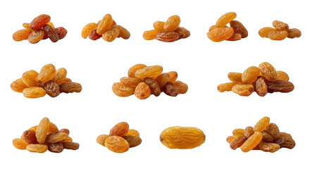 A Variety of Golden Raisins Displayed in Different Piles and Arrangements for Culinary Use, isolated on a transparent background